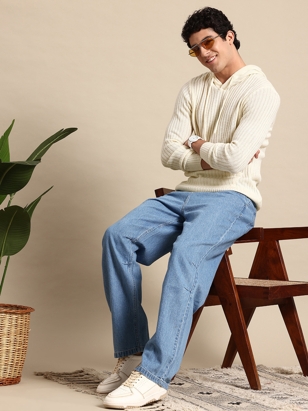 

Mast & Harbour Men Ribbed Hooded Acrylic Pullover, Off white