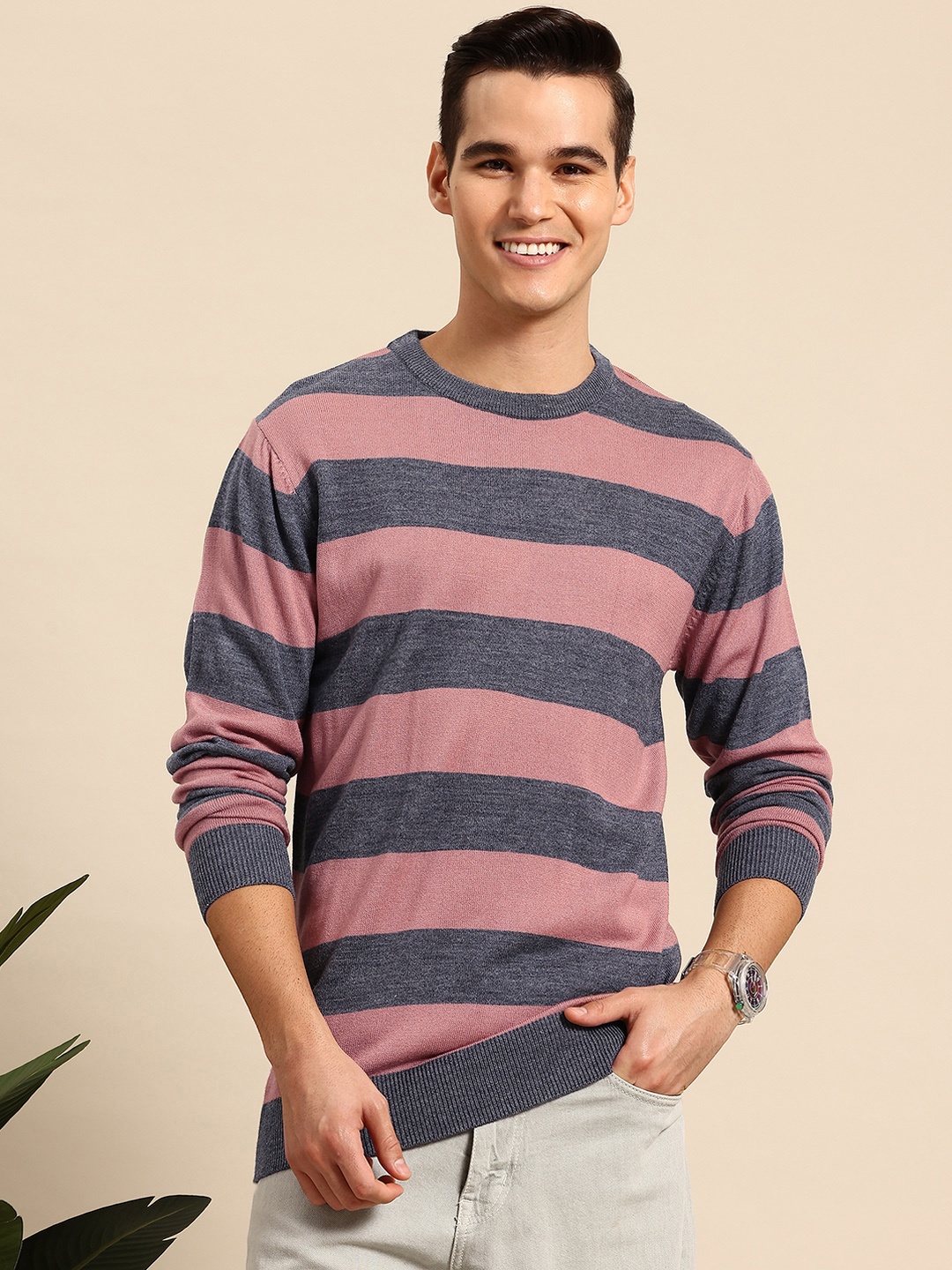 

Mast & Harbour Pure Acrylic Striped Pullover, Charcoal