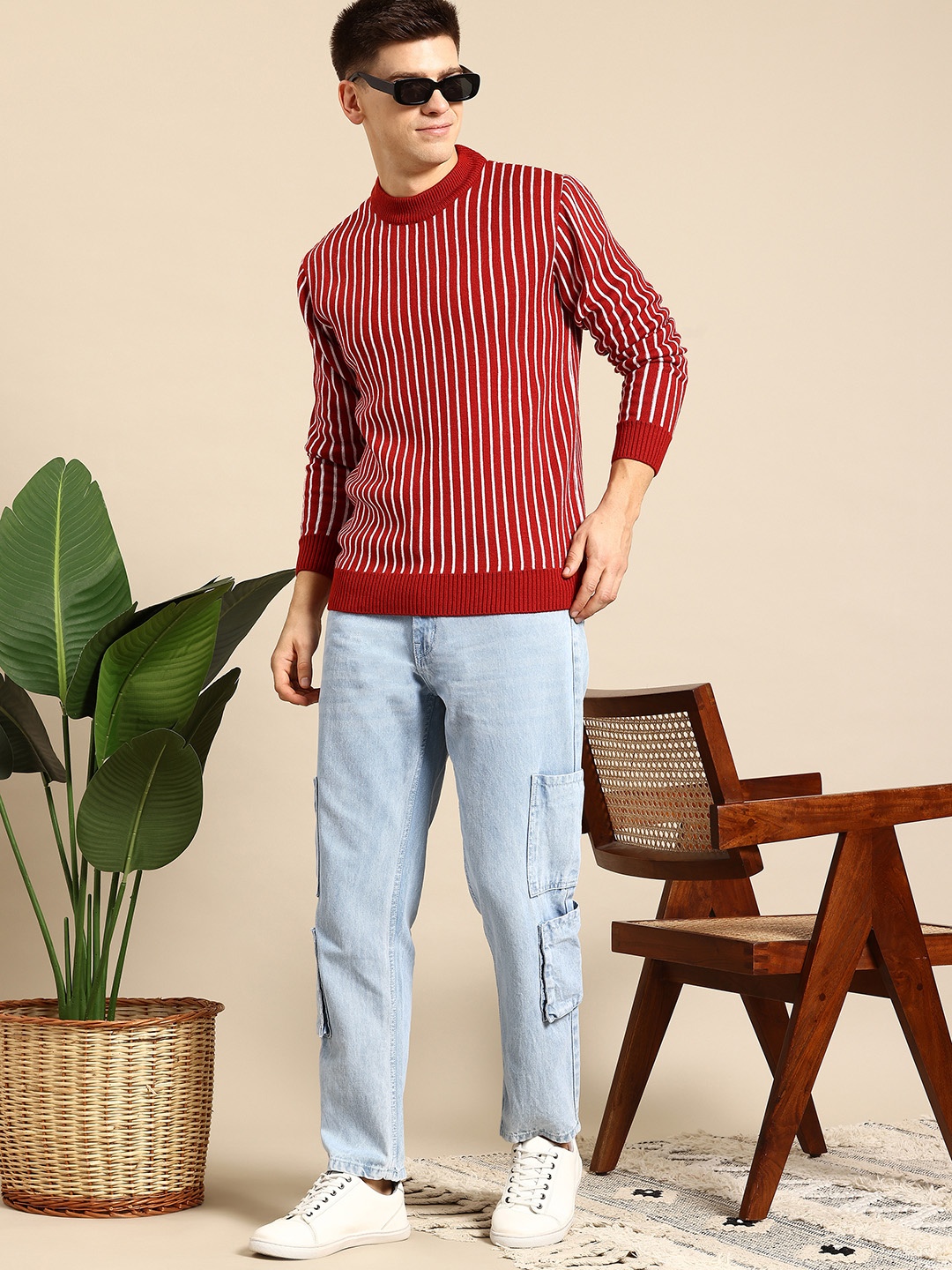 

Mast & Harbour Round Neck Striped Pullover, Maroon
