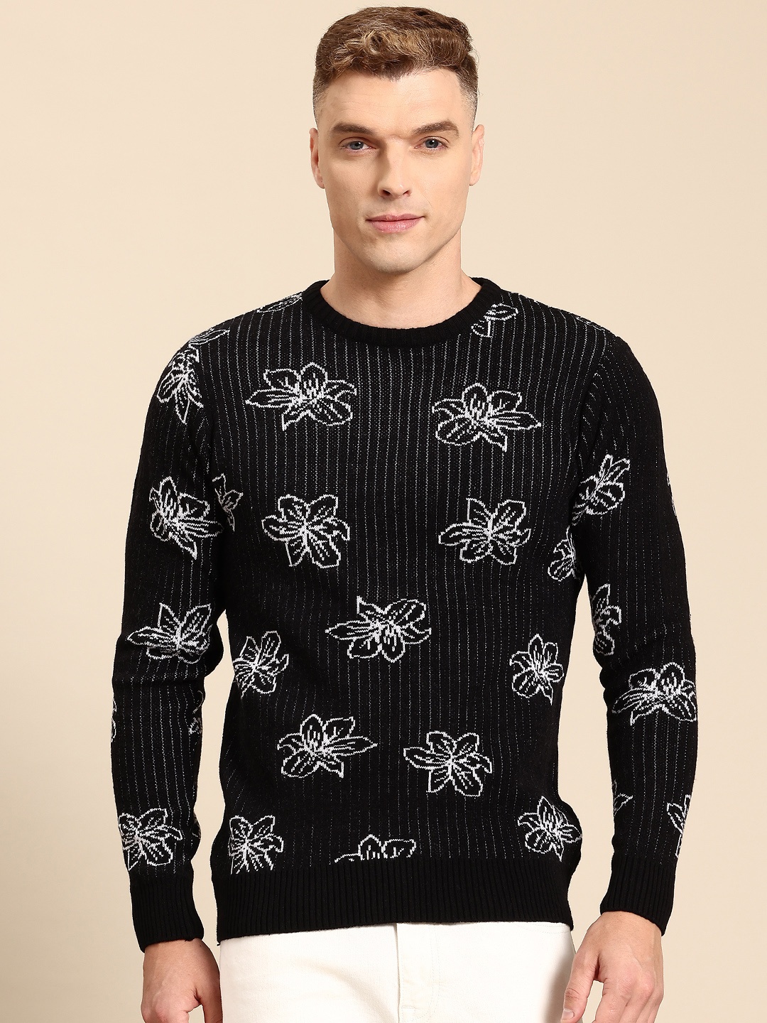 

Mast & Harbour Pure Acrylic Floral Self-Design Pullover, Black