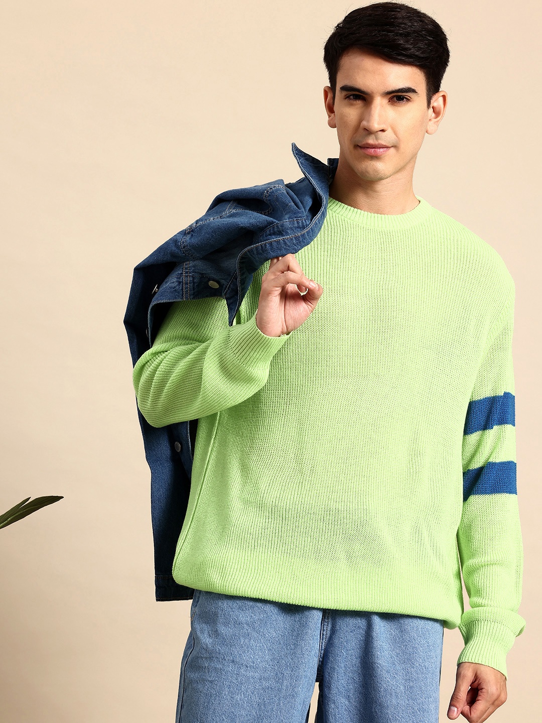 

Mast & Harbour Self-Striped Acrylic Ribbed Longline Pullover, Green