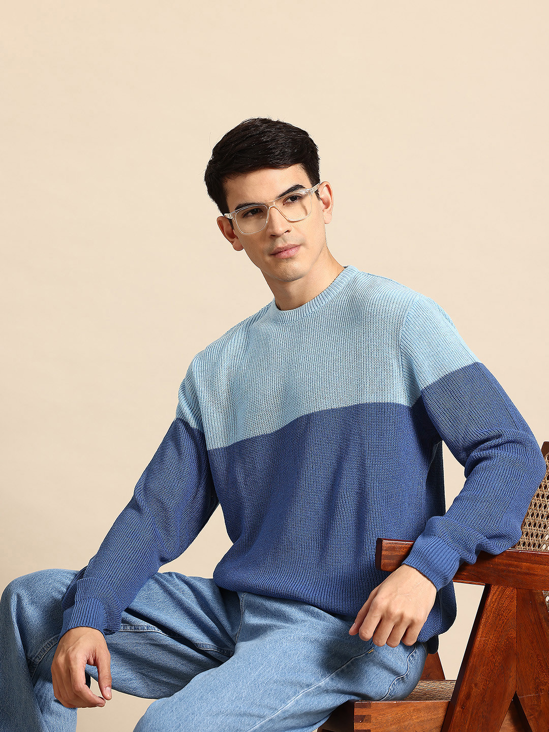 

Mast & Harbour Self-Striped Acrylic Ribbed Longline Pullover, Blue