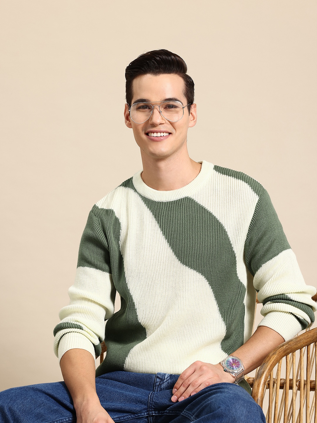 

Mast & Harbour Pure Acrylic Self-Design Pullover, Off white