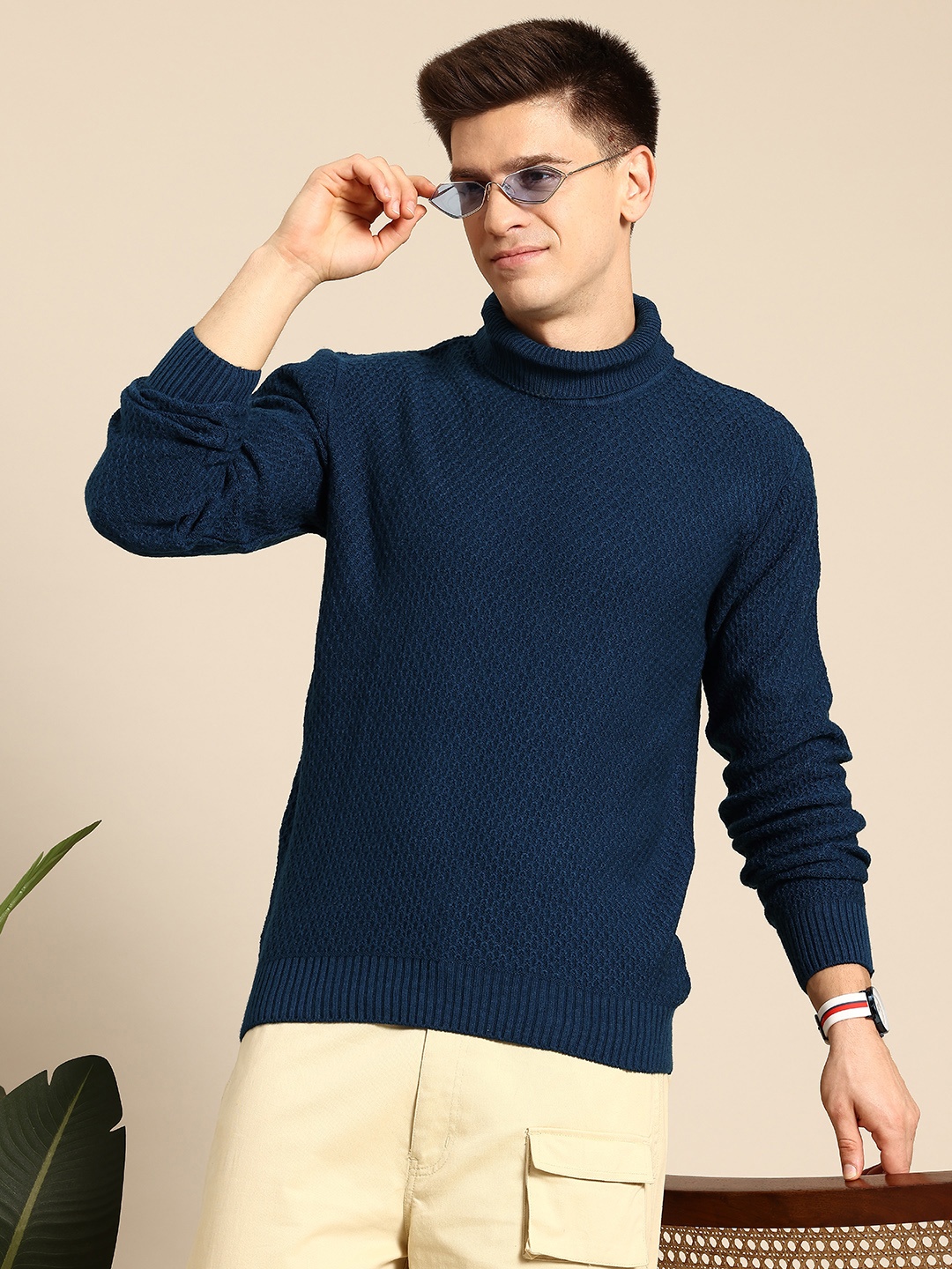 

Mast & Harbour Pure Acrylic Self-Design Pullover, Navy blue