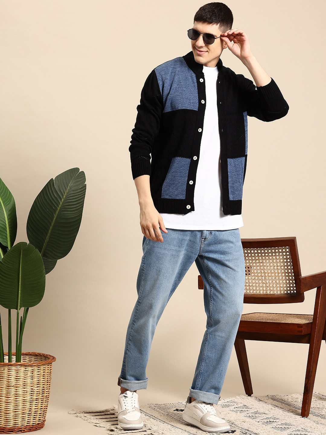 

Mast & Harbour Open-Knit Colourblocked Cardigan, Black