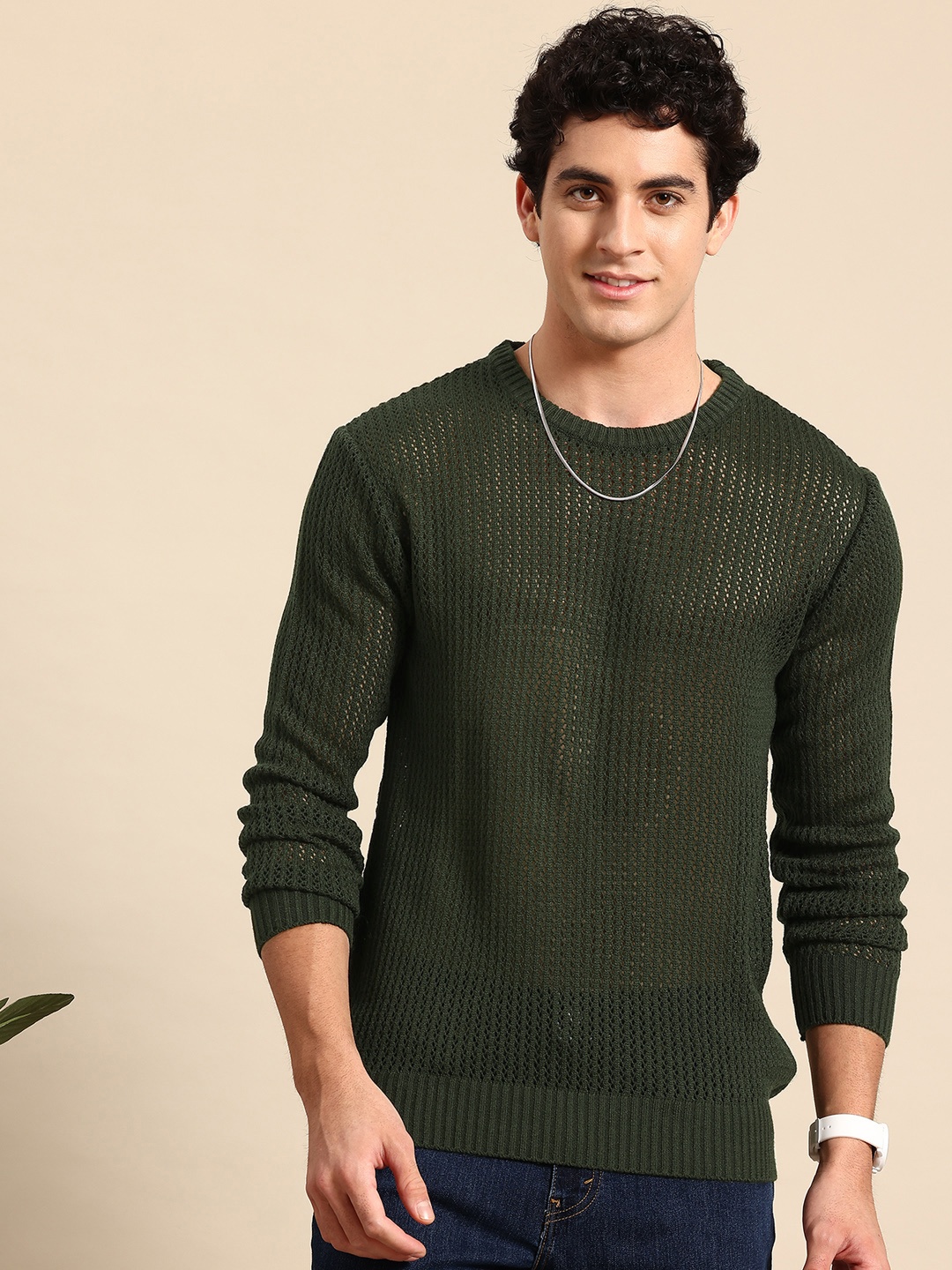 

Mast & Harbour Men Open Knit Acrylic Pullover, Olive