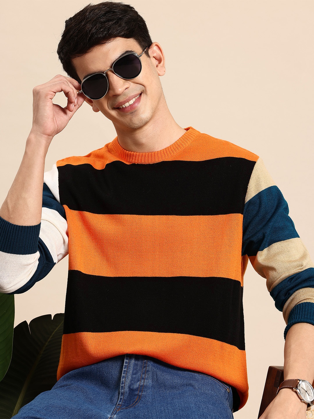 

Mast & Harbour Long Sleeves Acrylic Striped Sweater, Orange