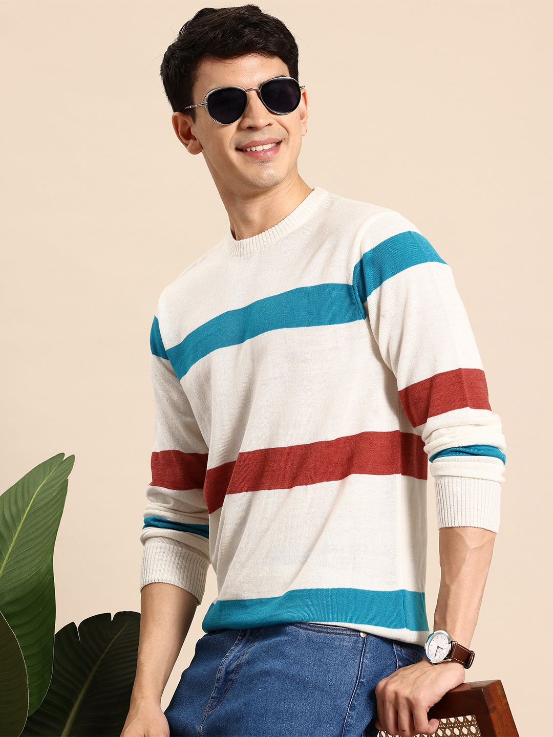

Mast & Harbour Long Sleeves Acrylic Striped Sweater, White