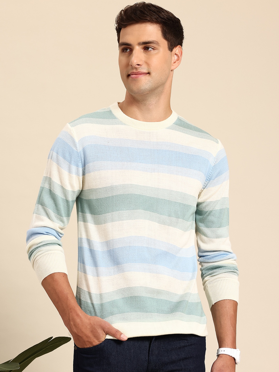 

Mast & Harbour Men Striped Pullover, White