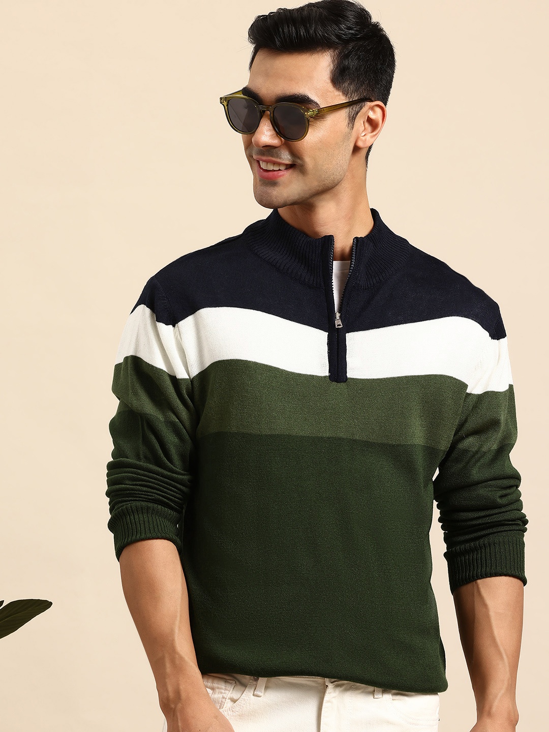 

Mast & Harbour Striped Half-Zipper Pullover, Olive