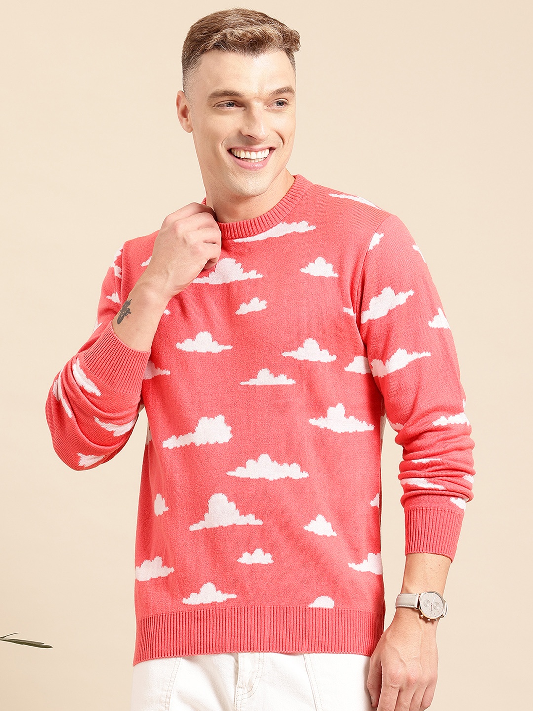 

Mast & Harbour Round Neck Printed Acrylic Pullover, Pink