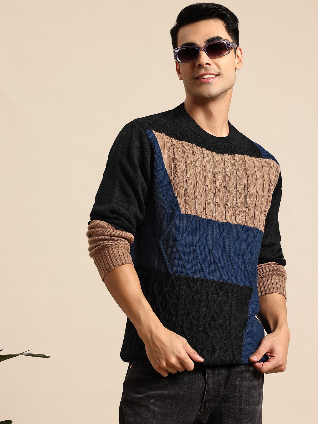 

Mast & Harbour Cable Knit Colourblocked Longline Pure Acrylic Pullover, Navy blue