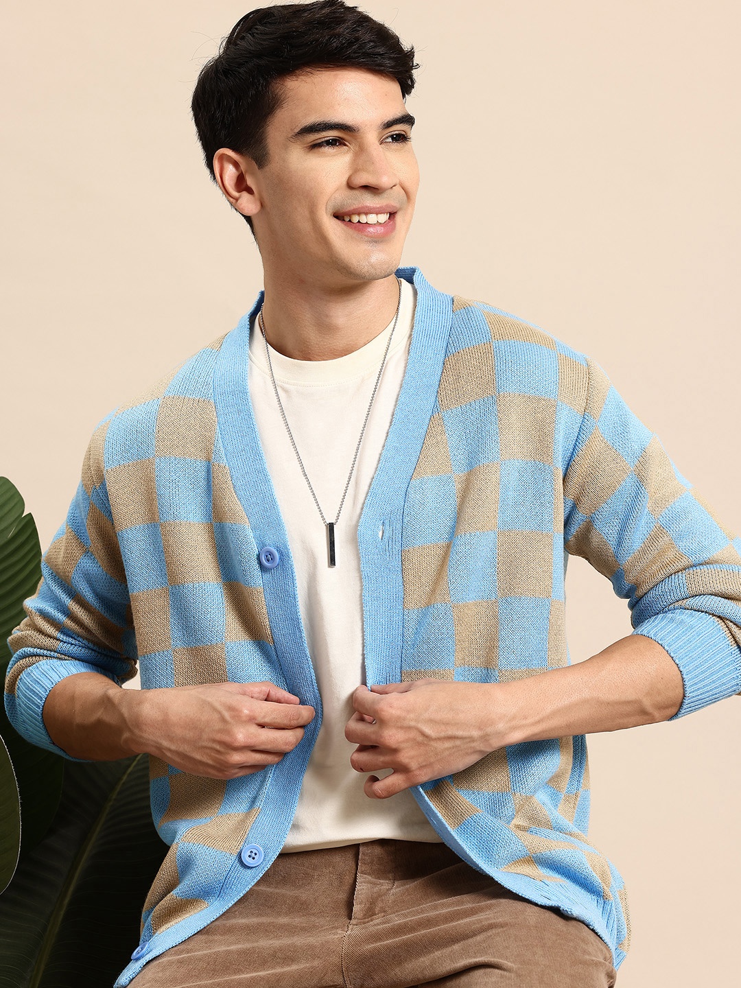 

Mast & Harbour Long Sleeves Acrylic Checked Cardigan, Blue