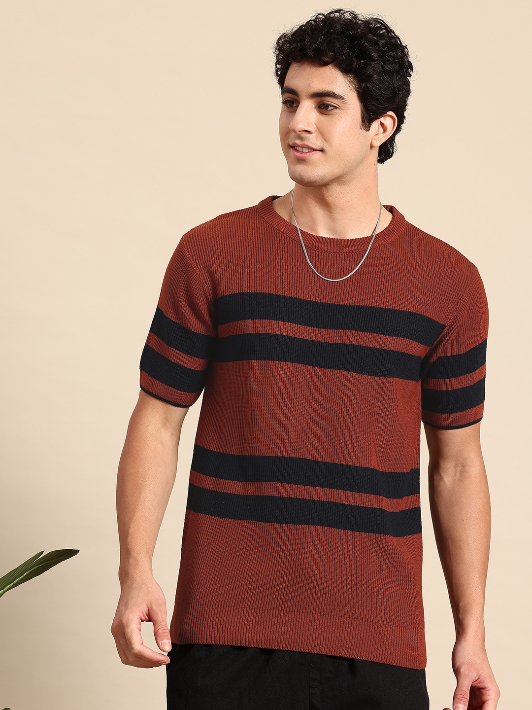 

Mast & Harbour Striped Ribbed Acrylic Pullover, Brown