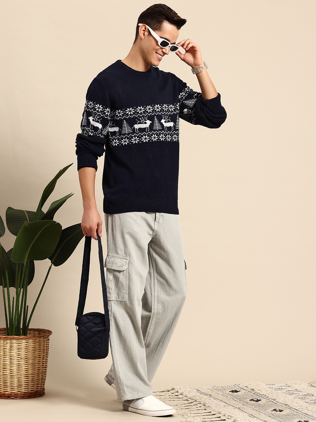 

Mast & Harbour Pure Acrylic Fair Isle Pullover, Navy blue