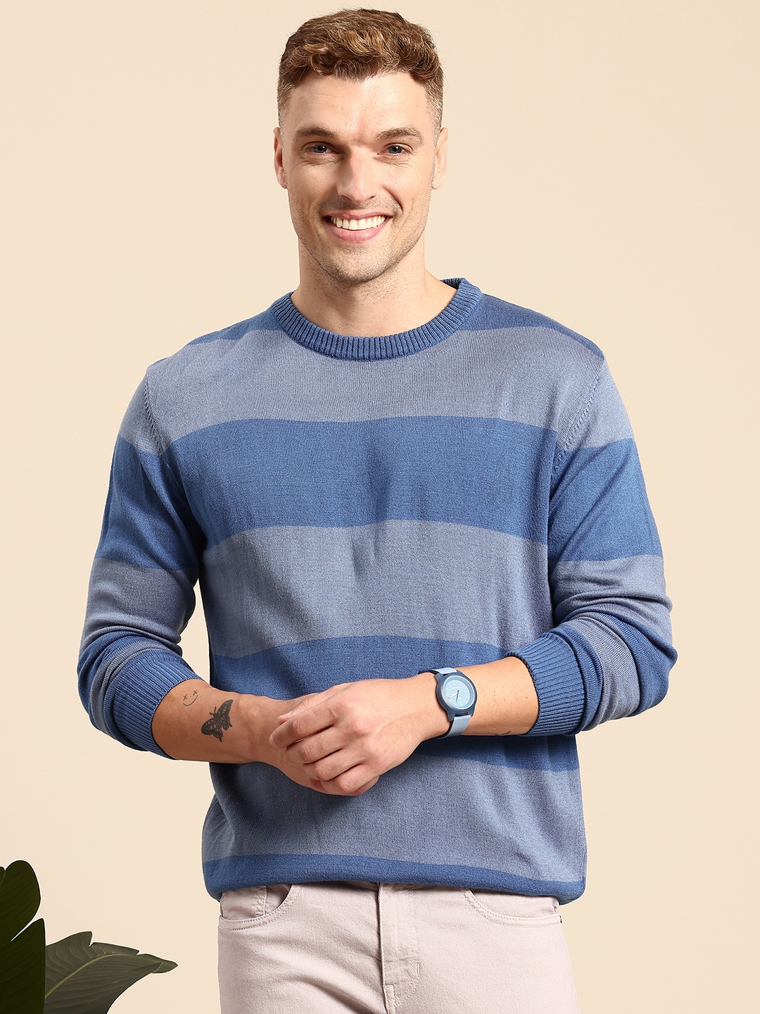 

Mast & Harbour Round Neck Striped Pullover, Blue