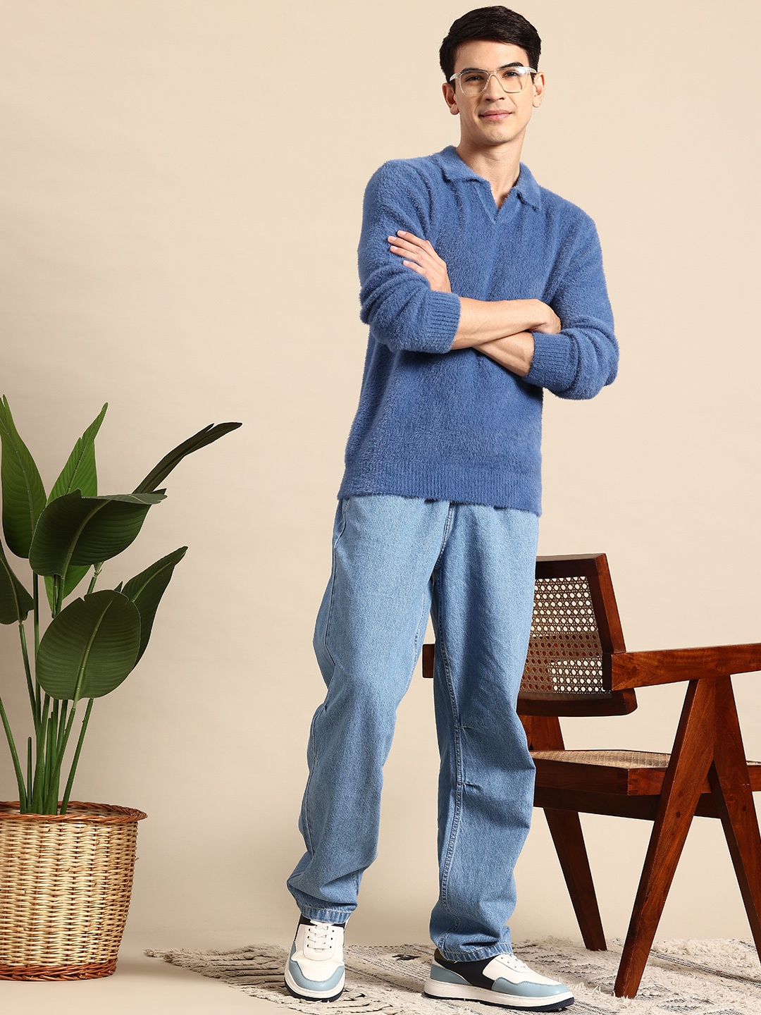 

Mast & Harbour Polo Collar Fuzzy Pullover, Blue