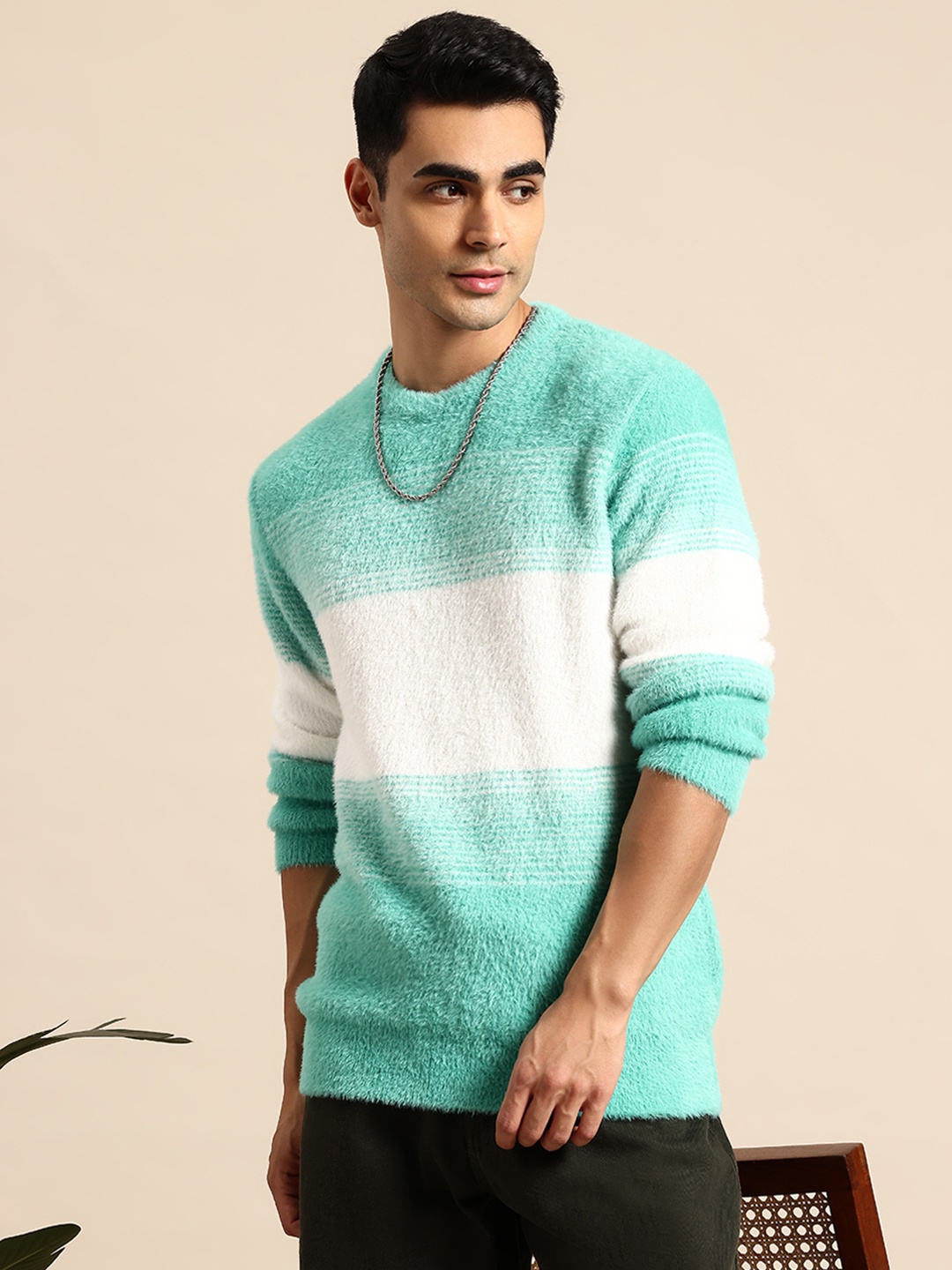 

Mast & Harbour Colourblocked Longline Pullover with Fuzzy Detail, Sea green