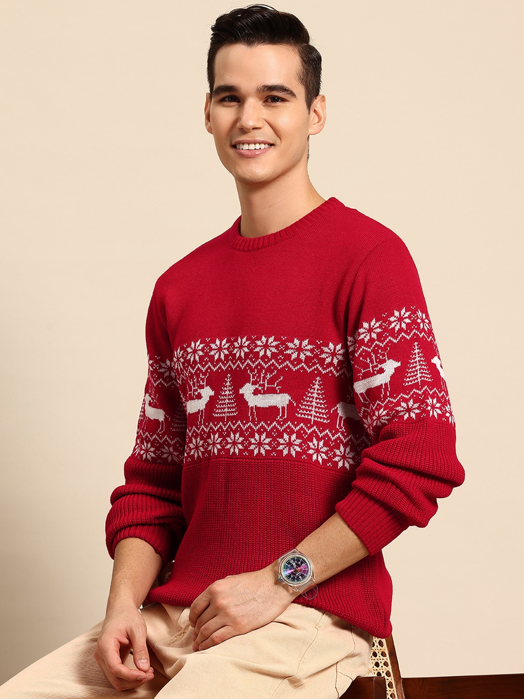 

Mast & Harbour Pure Acrylic Fair Isle Pullover, Red