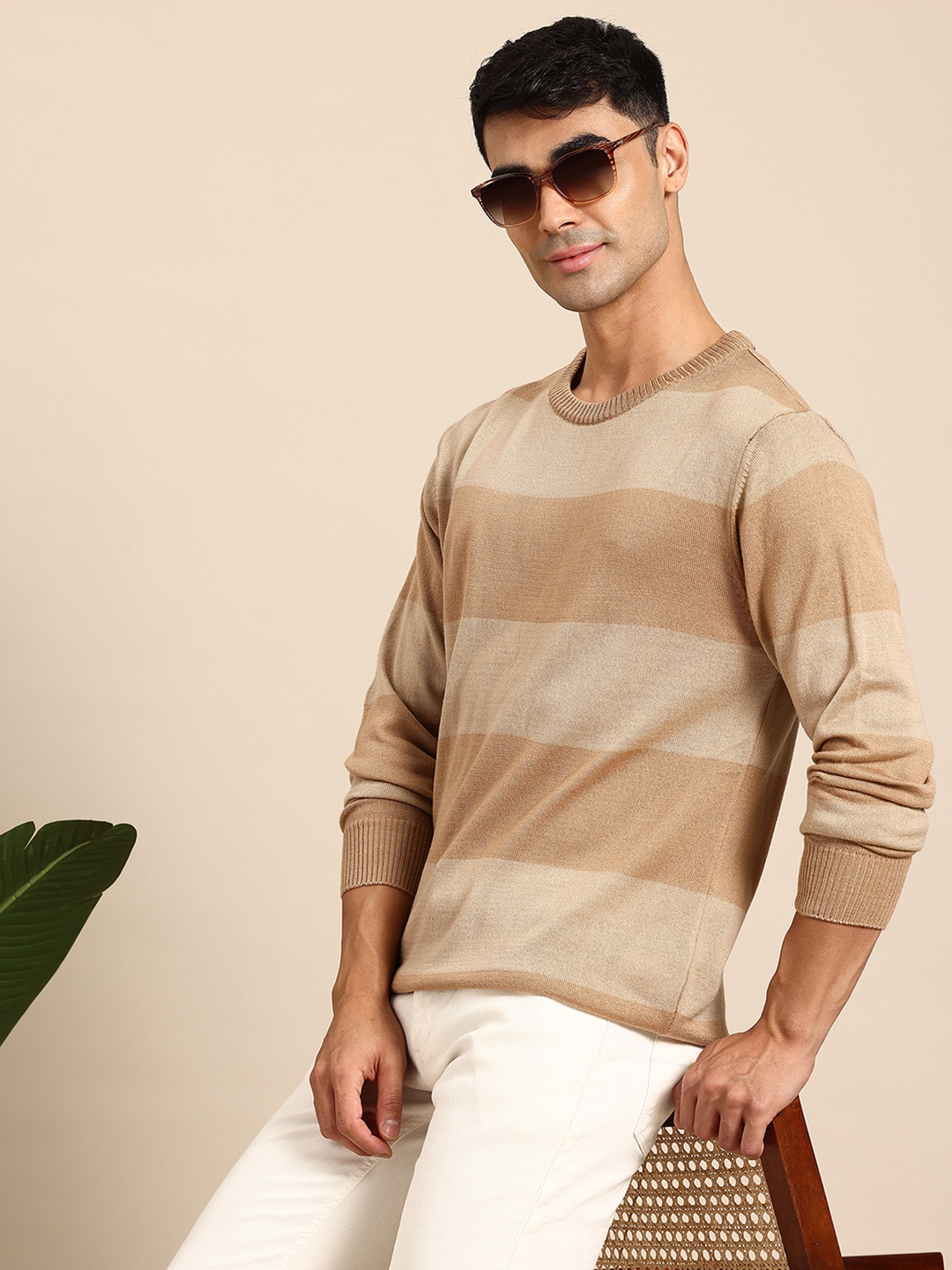 

Mast & Harbour Men Striped Acrylic Pullover, Beige