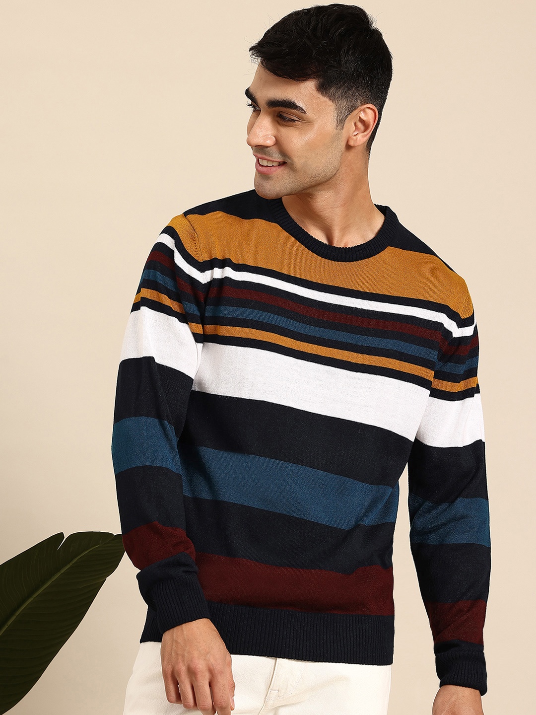 

Mast & Harbour Men Striped Acrylic Pullover, Navy blue
