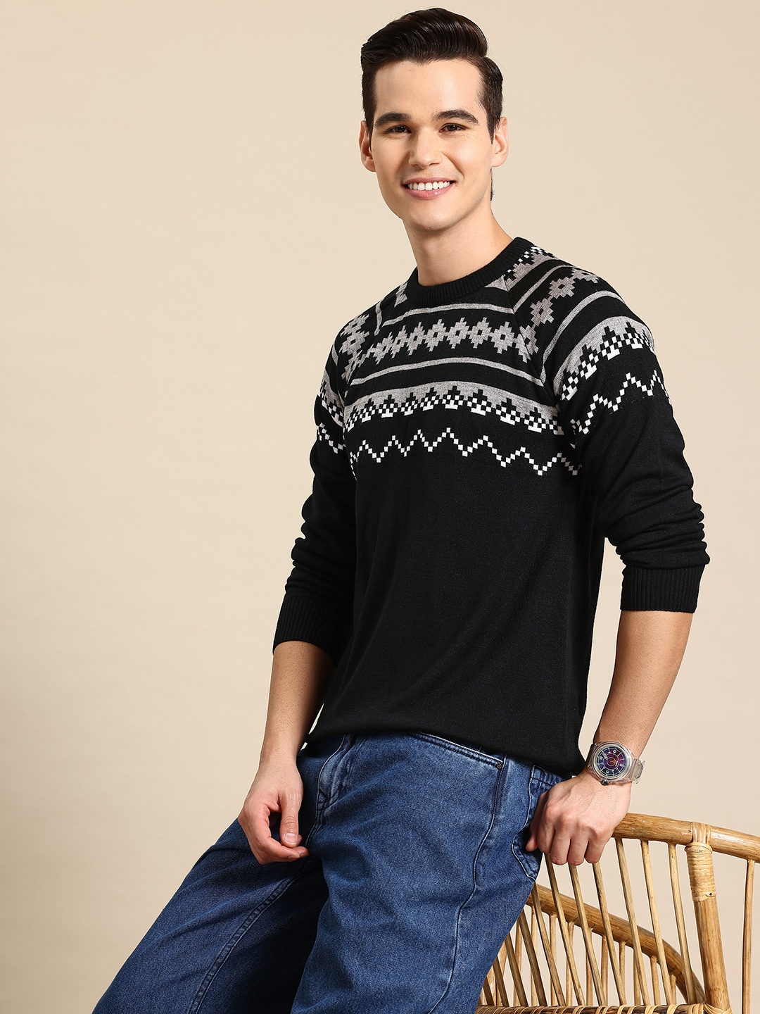 

Mast & Harbour Pure Acrylic Fair Isle Pullover, Black