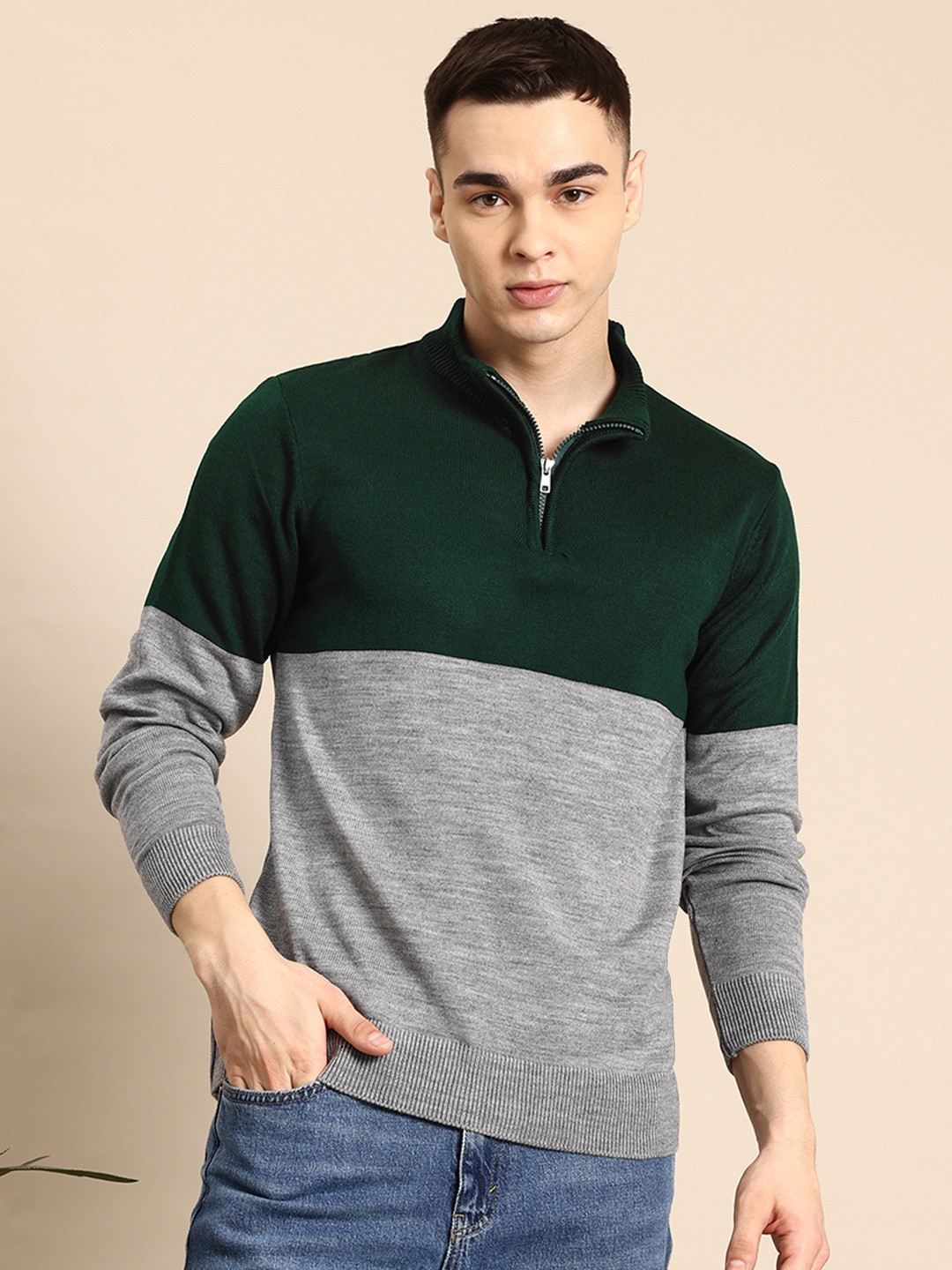 

Mast & Harbour Colourblocked Acrylic Pullover, Grey melange
