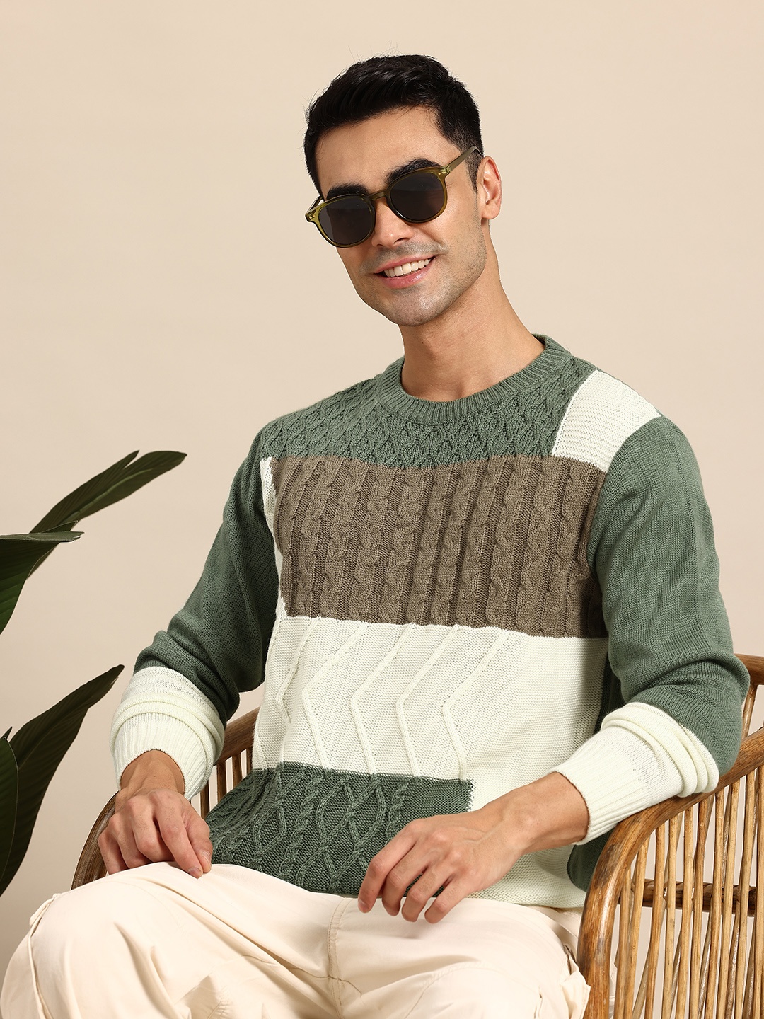 

Mast & Harbour Cable Knit Colourblocked Pullover, Olive