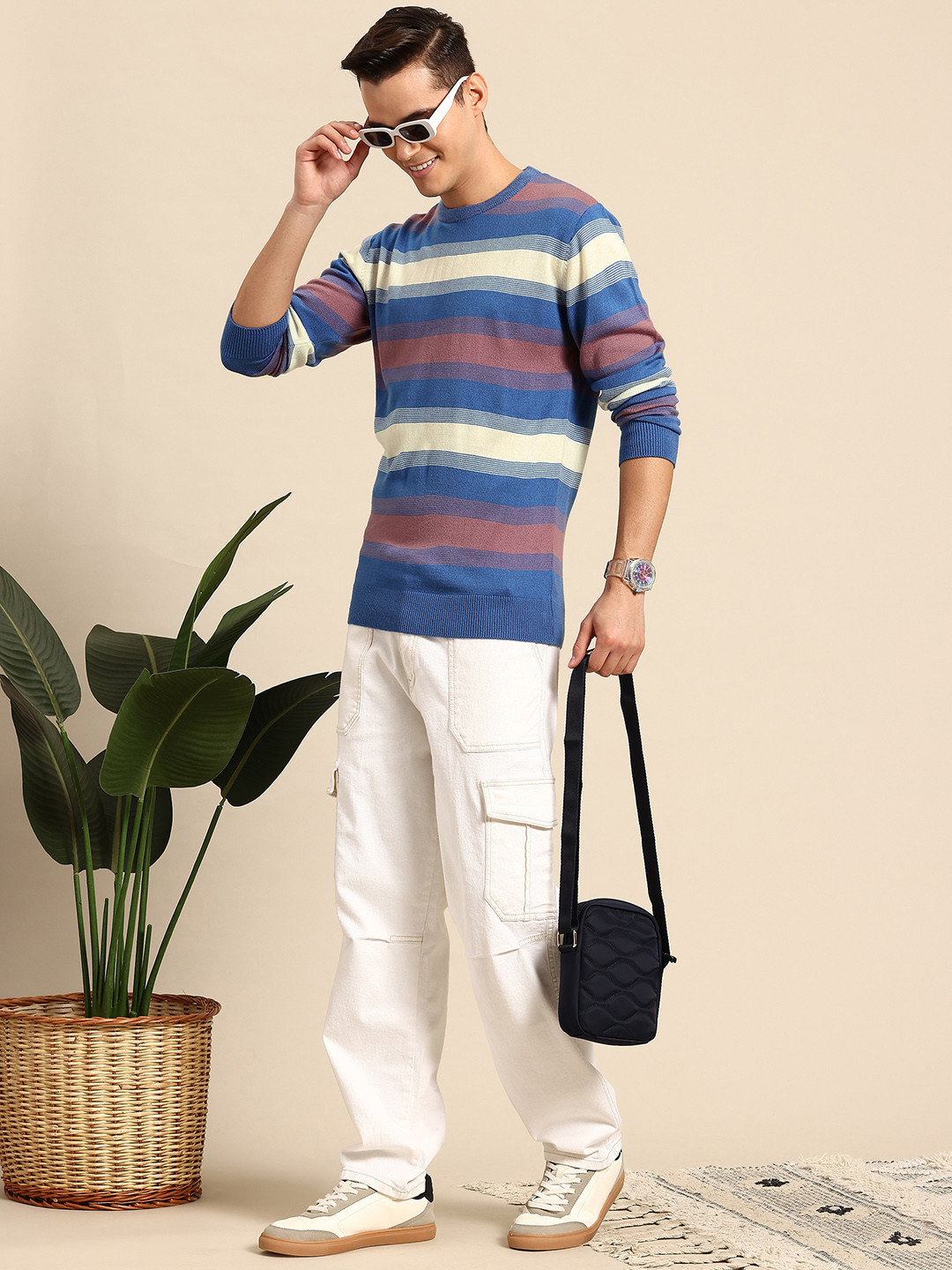 

Mast & Harbour Pure Acrylic Striped Pullover, Blue