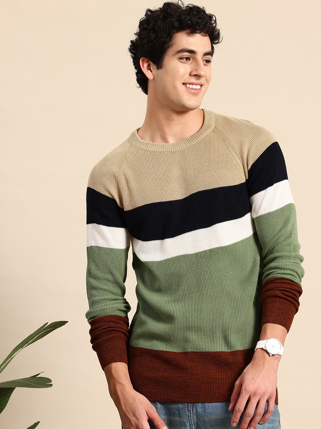 

Mast & Harbour Acrylic Striped Pullover, Olive