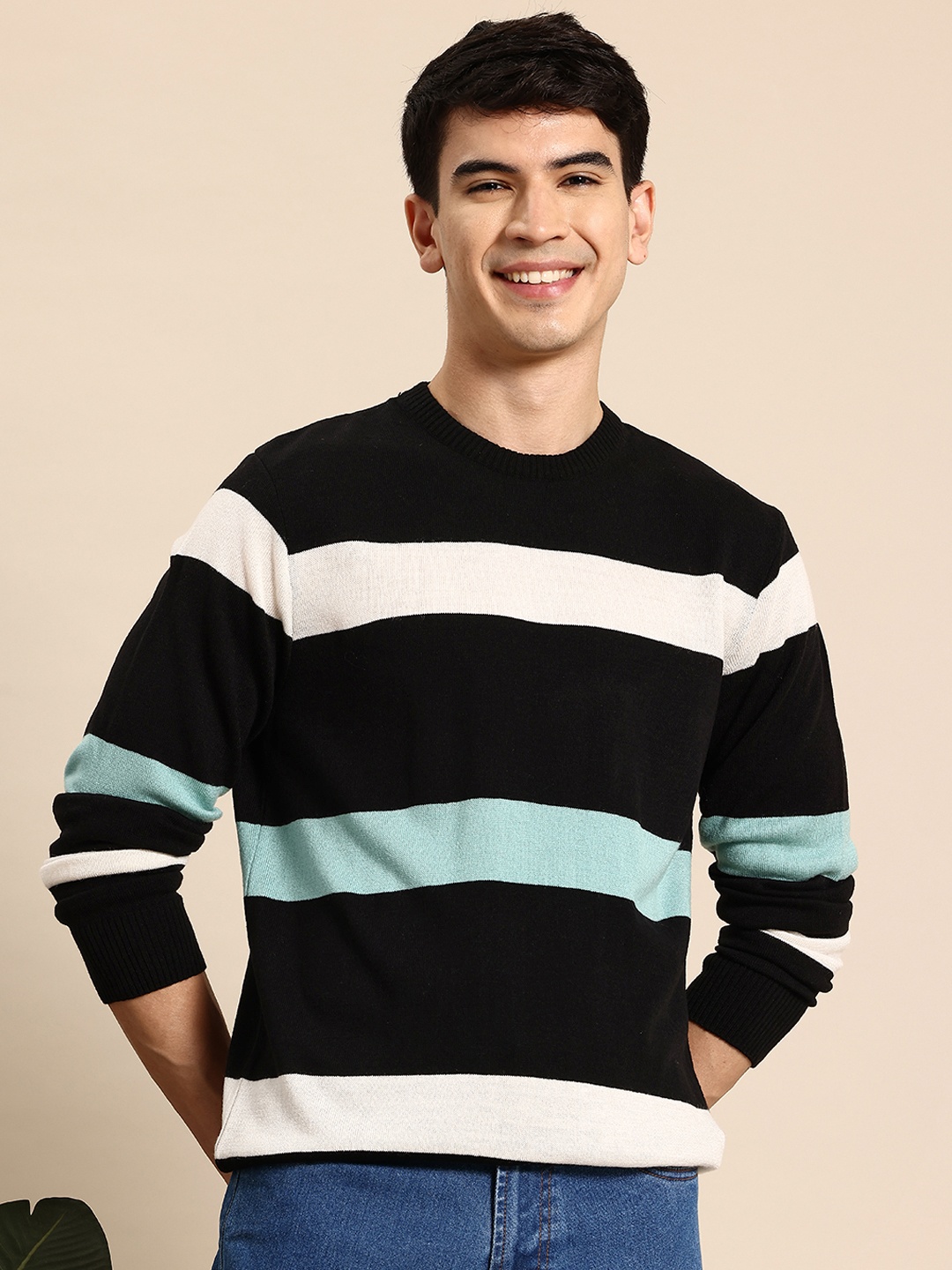 

Mast & Harbour Long Sleeves Acrylic Striped Sweater, Black