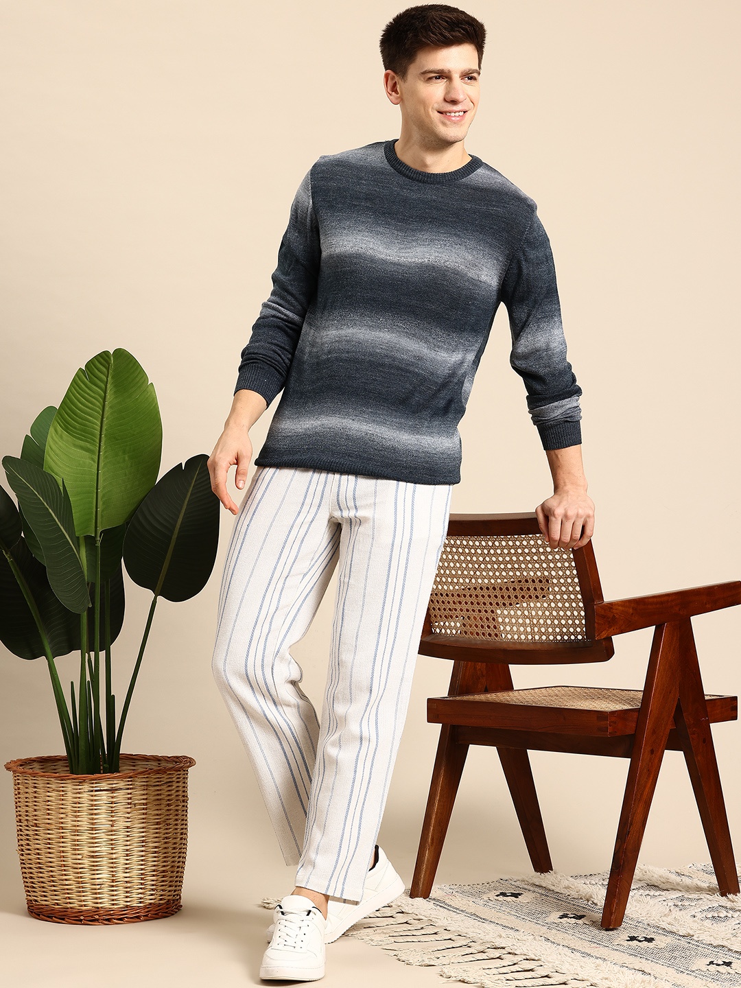 

Mast & Harbour Striped Round Neck Pullover, Grey