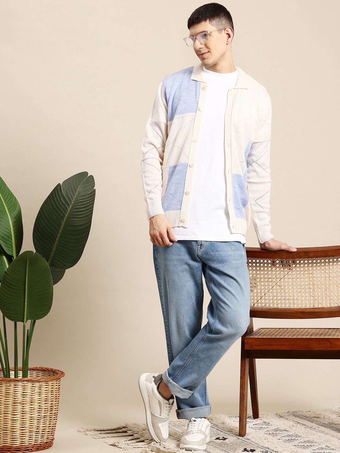 

Mast & Harbour Shirt Collar Acrylic Colour-blocked Cardigan, Peach