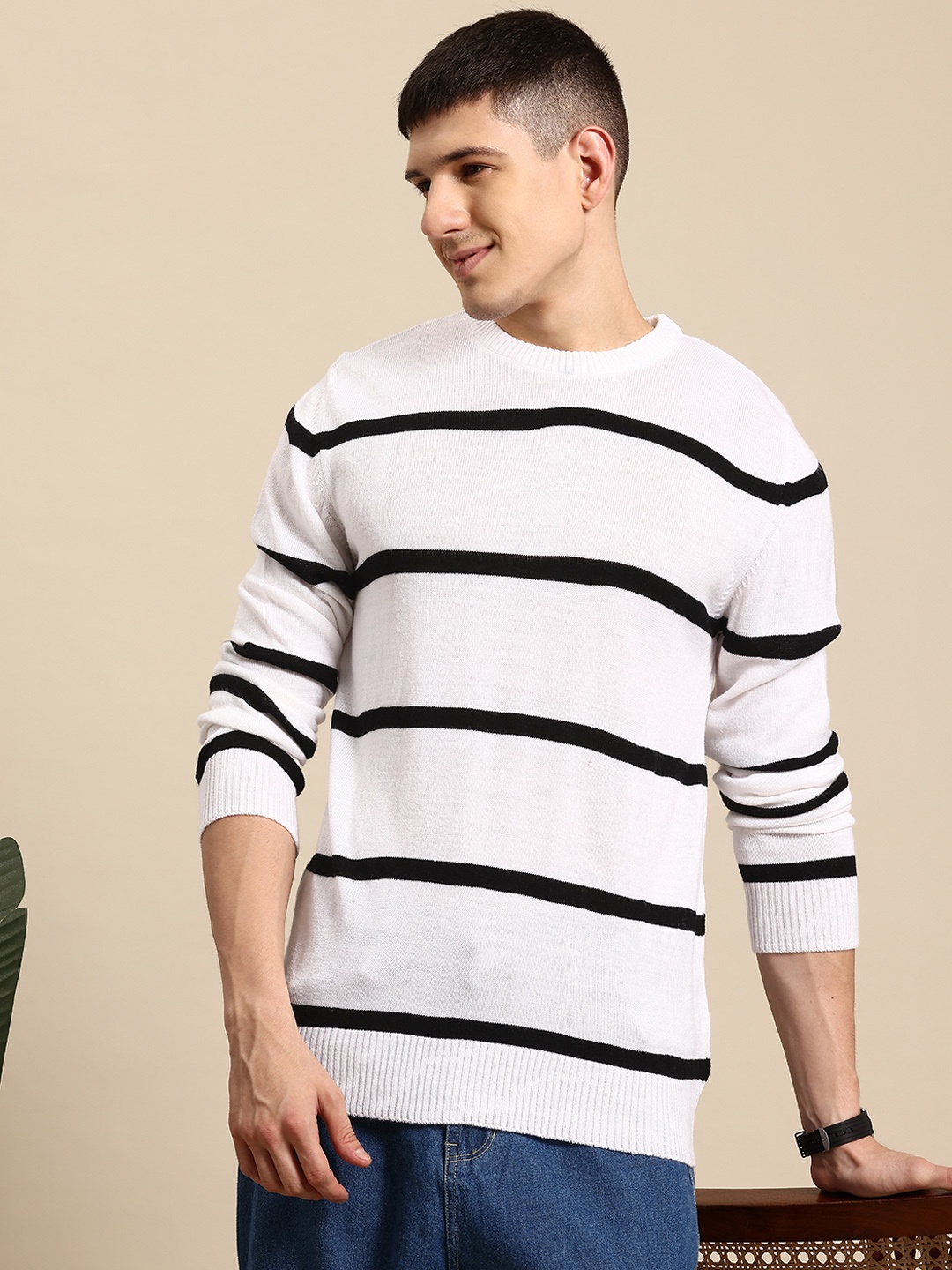 

Mast & Harbour Acrylic Striped Pullover, White