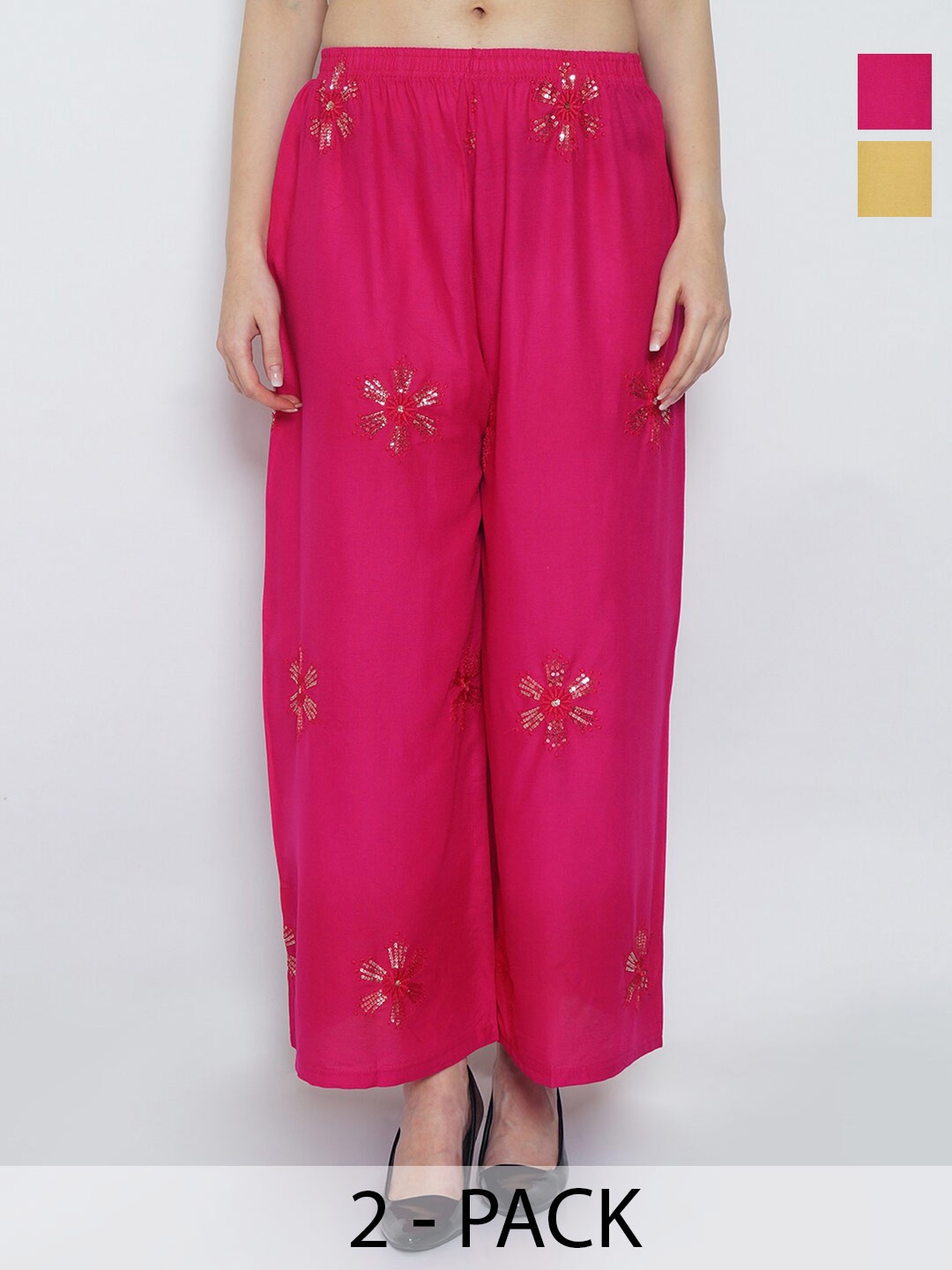 

Jinfo Pack Of 2 Floral Embroidered Flared Palazzos, Pink