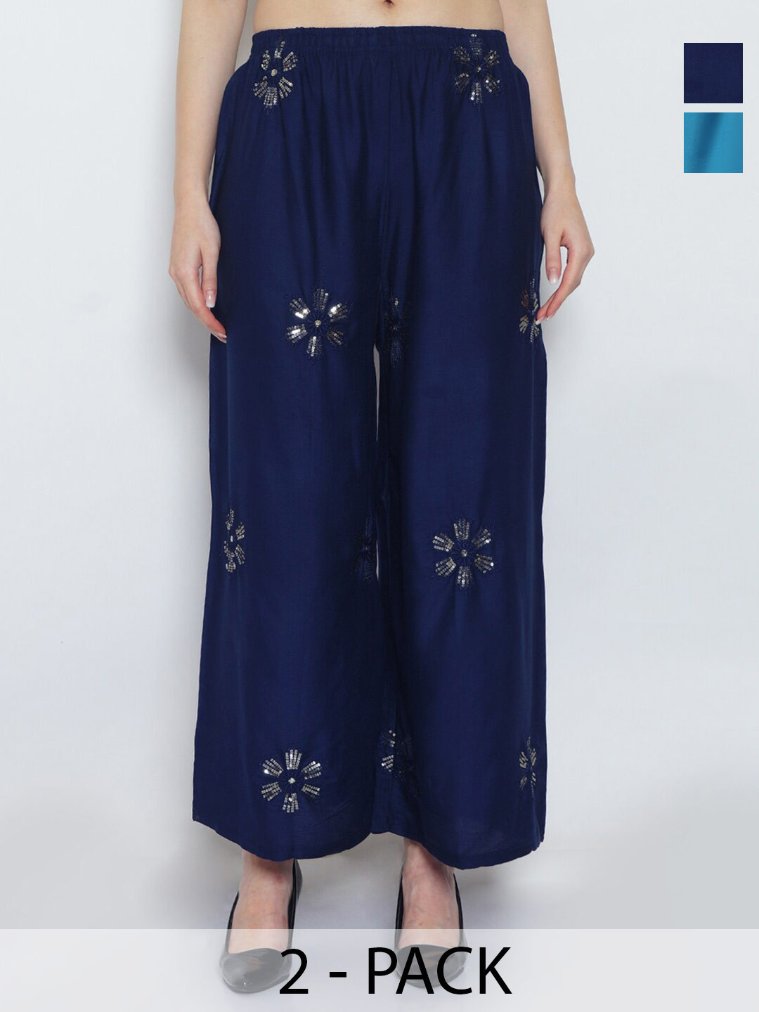 

Jinfo Pack Of 2 Floral Embroidered Flared Palazzos, Navy blue