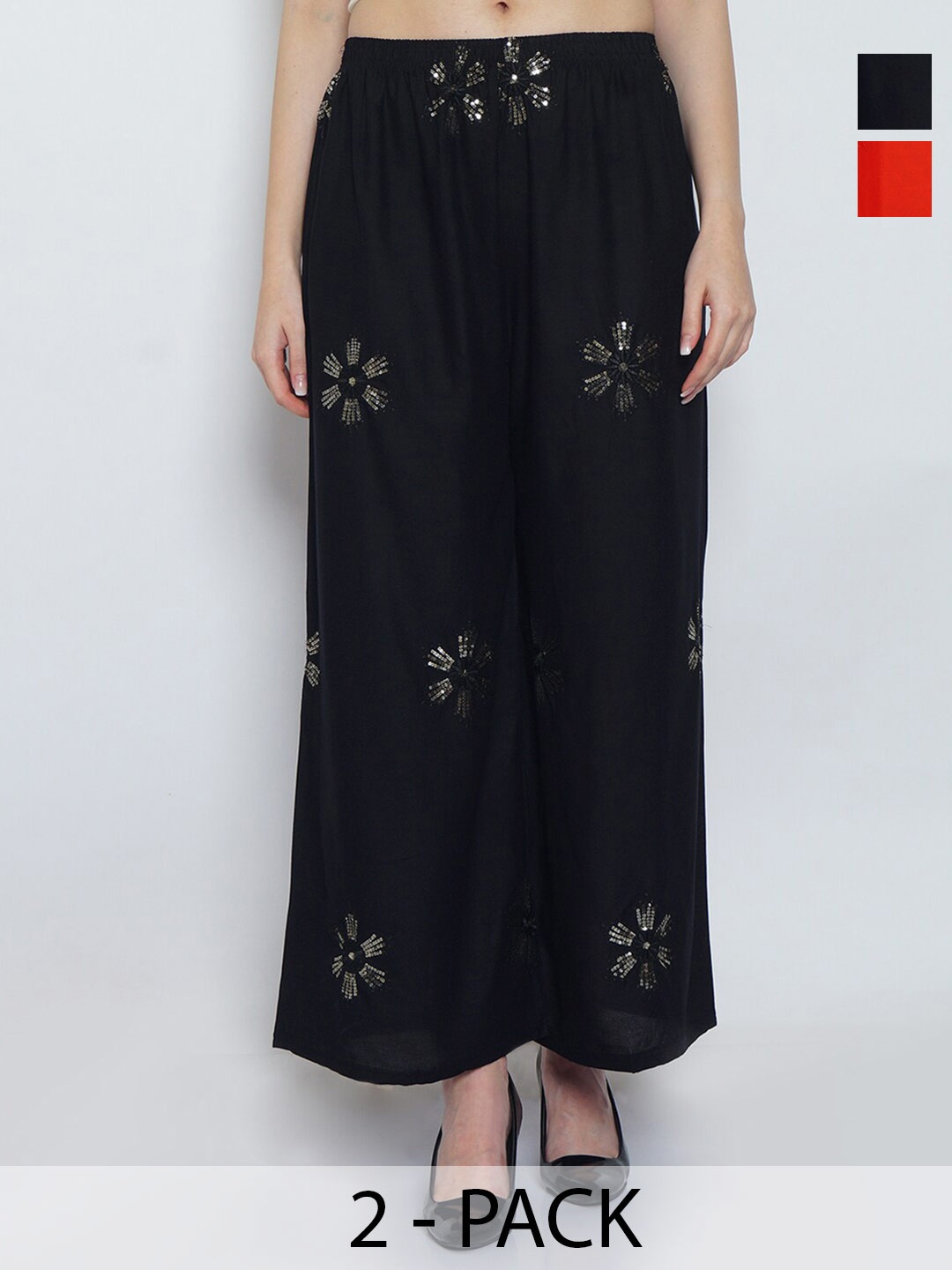 

Jinfo Pack Of 2 Floral Embroidered Flared Knitted Ethnic Palazzos, Black