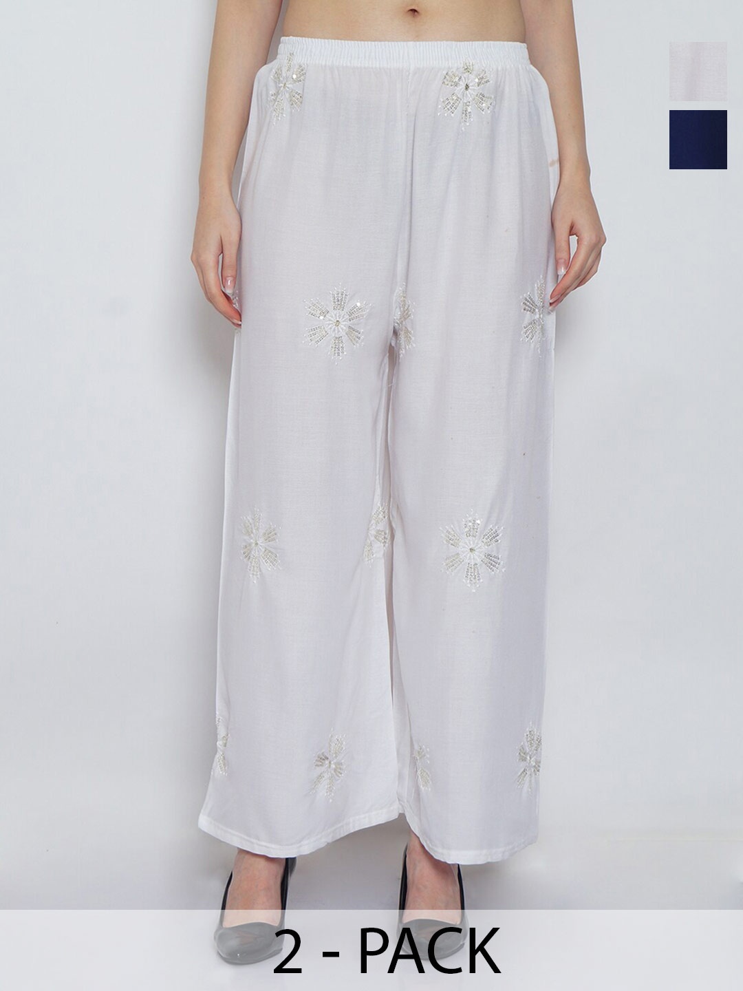 

Jinfo Pack Of 2 Floral Embroidered Flared Knitted Ethnic Palazzos, White