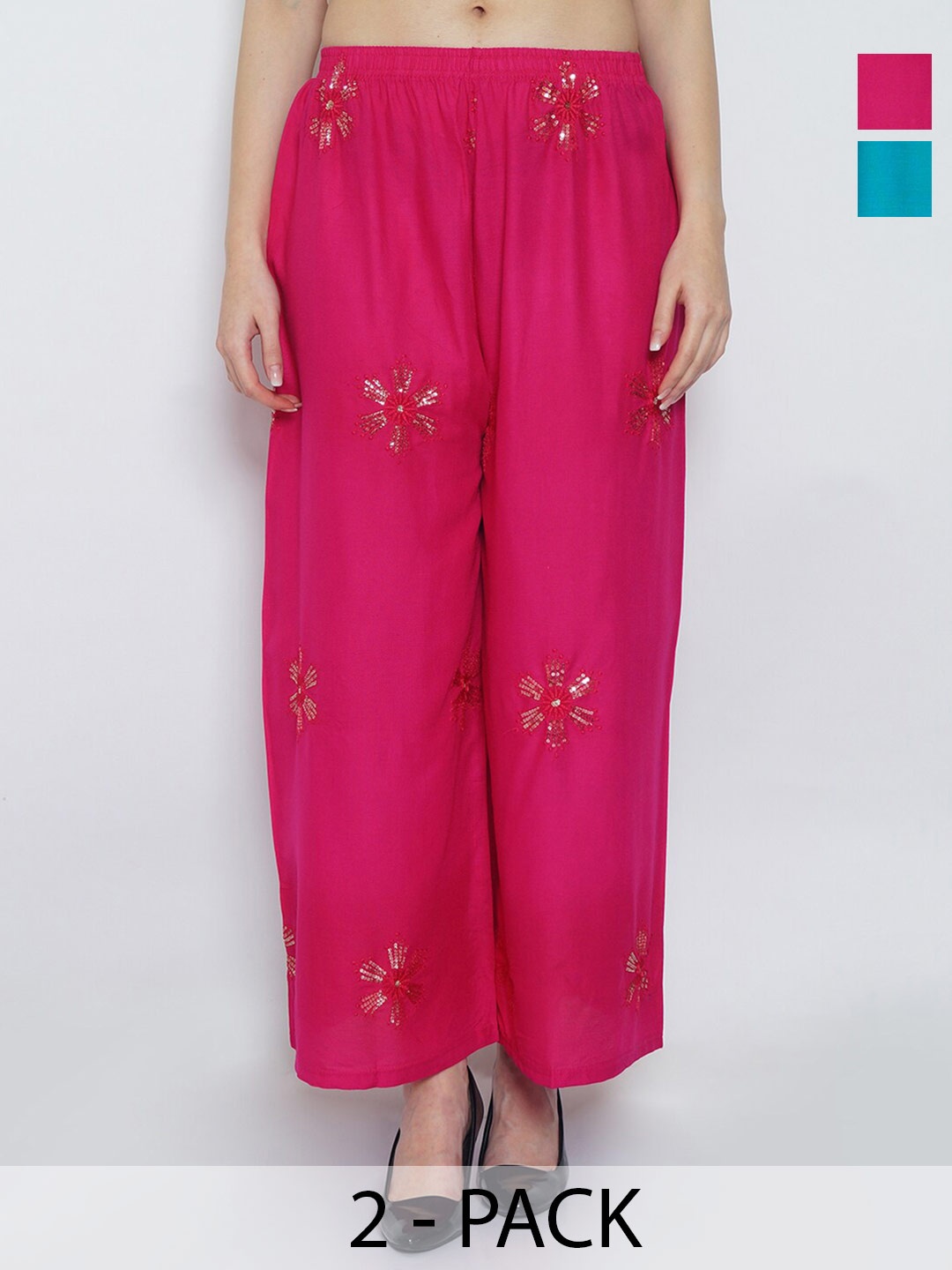 

Jinfo Pack of 2 Floral Embroidered Flared Ethnic Palazzos, Pink