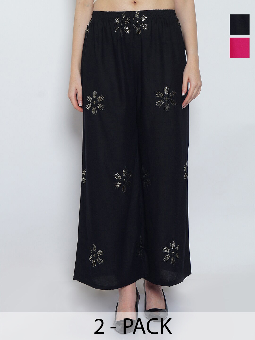 

Jinfo Pack Of 2 Floral Embroidered Flared Palazzos, Black