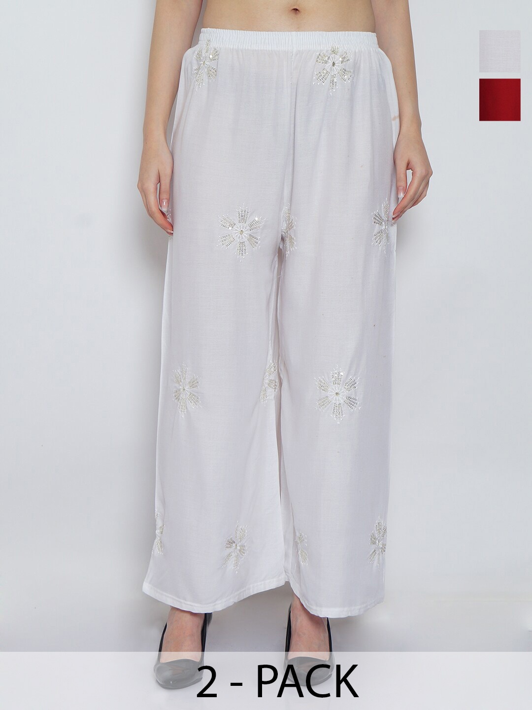 

Jinfo Pack Of 2 Floral Embroidered Flared Knitted Palazzos, White