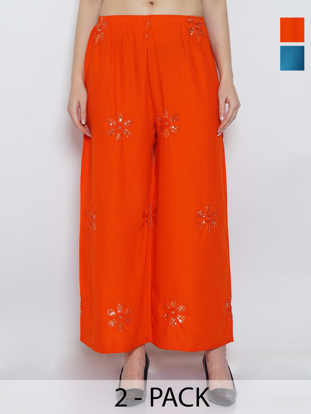 

Jinfo Pack Of 2 Floral Embroidered Flared Knitted Palazzos, Orange