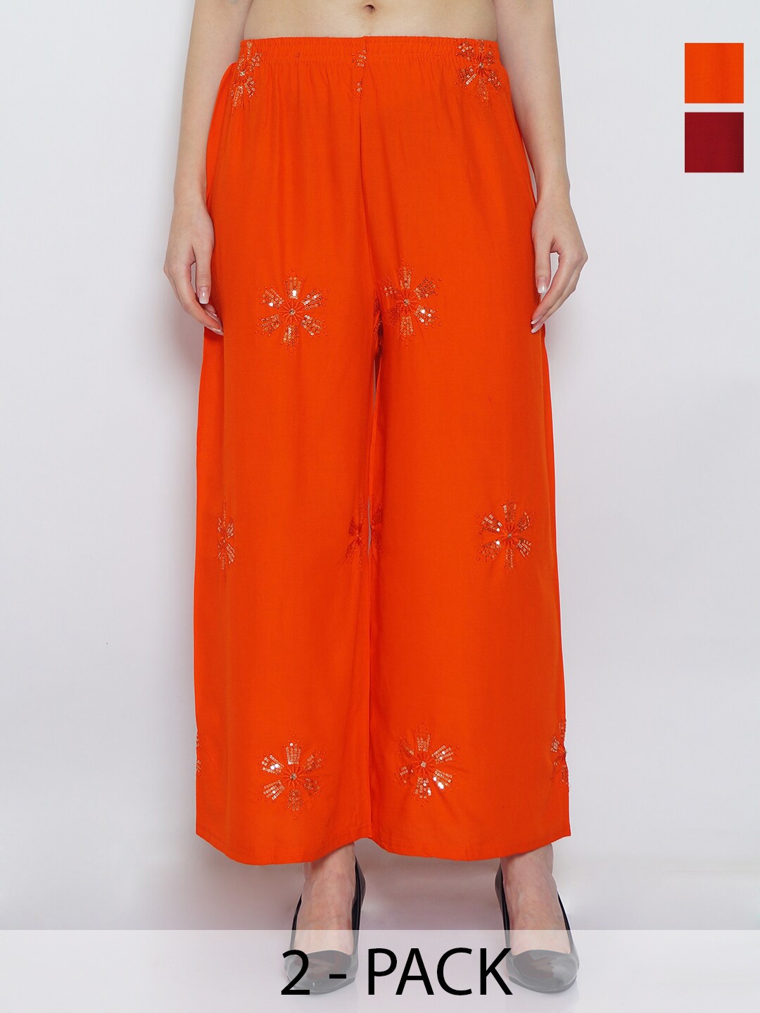 

Jinfo Women 2 Floral Embroidered Flared Knitted Palazzos, Orange
