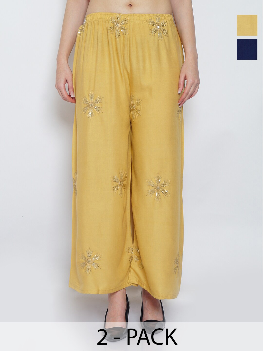 

Jinfo Pack Of 2 Floral Embroidered Flared Knitted Palazzos, Beige