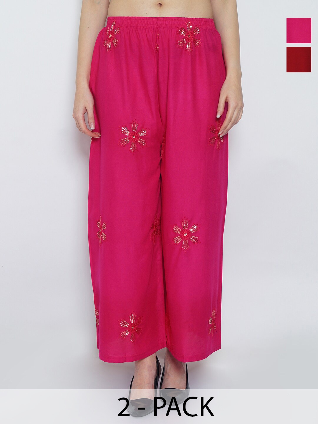 

Jinfo Pack Of 2 Floral Embroidered Flared Palazzos, Pink