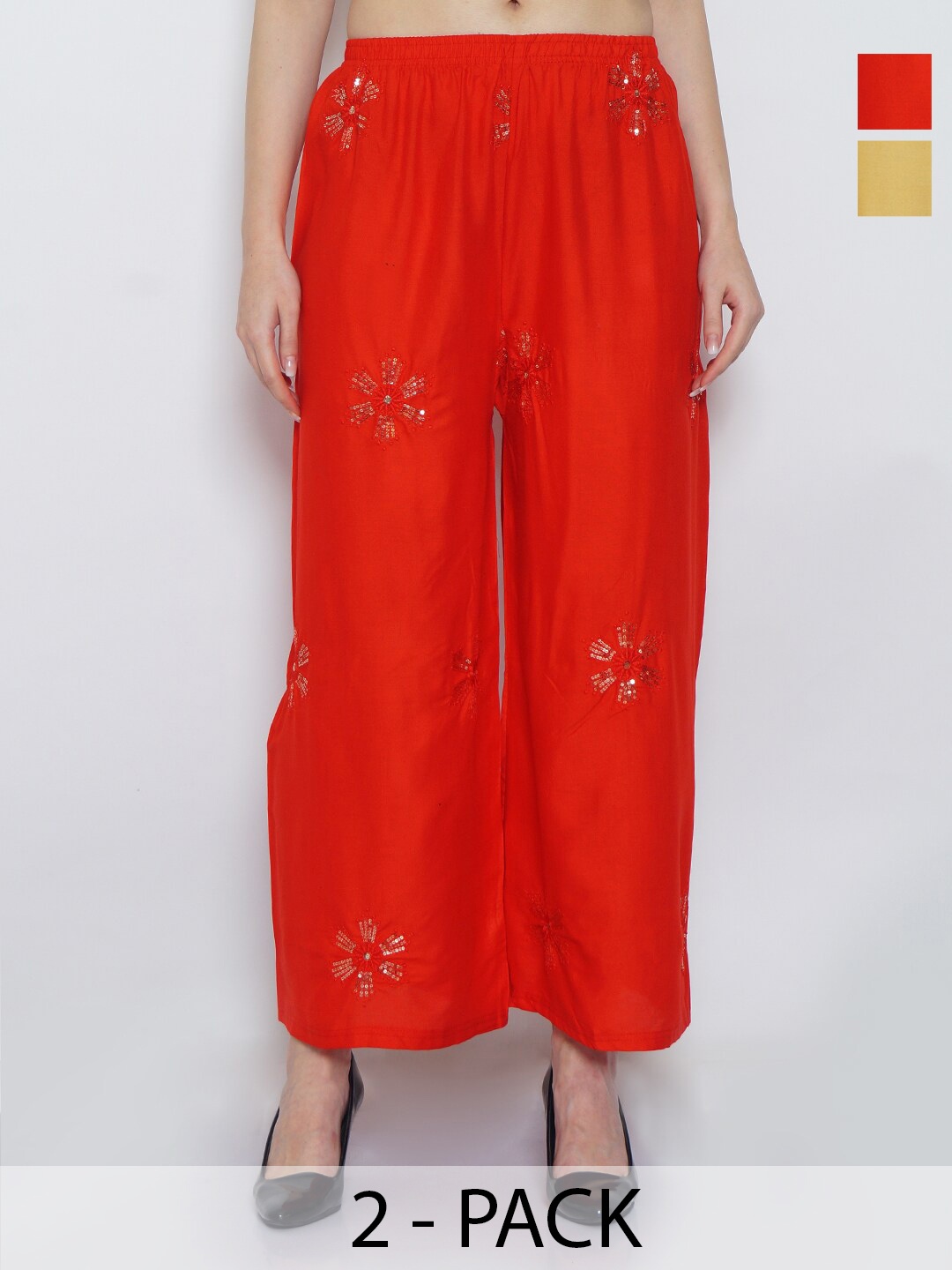 

Jinfo Pack Of 2 Floral Embroidered Flared Knitted Palazzos, Red