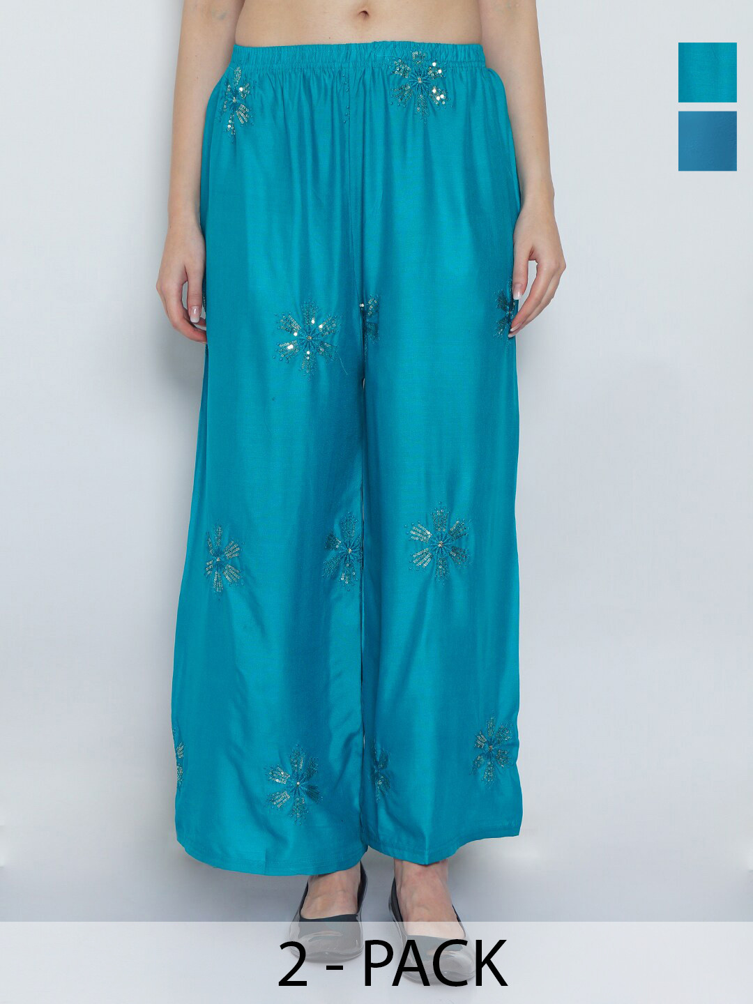 

Jinfo Pack Of 2 Floral Embroidered Flared Palazzos, Turquoise blue