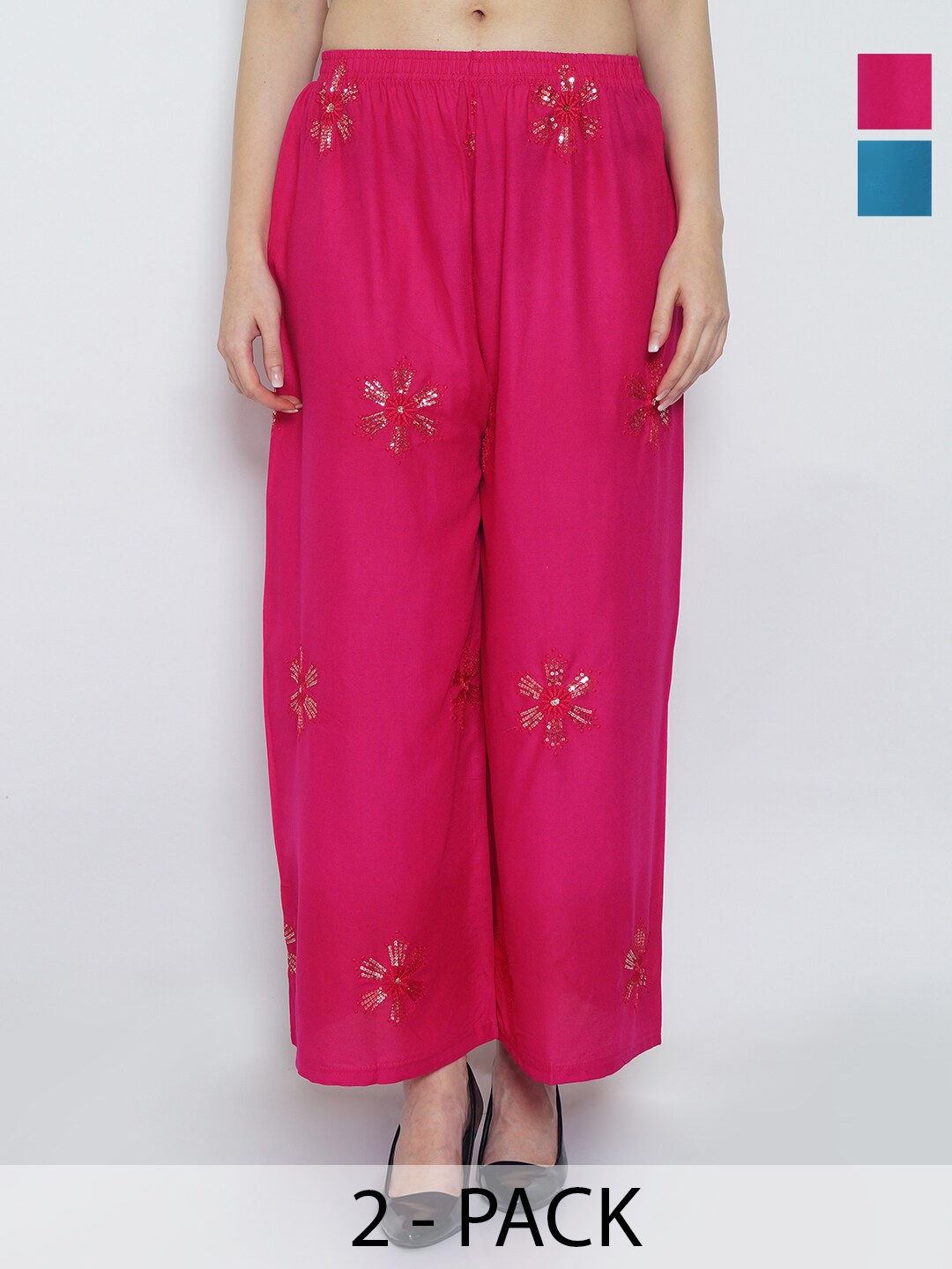 

Jinfo Pack of 2 Floral Embroidered Flared Ethnic Palazzos, Pink