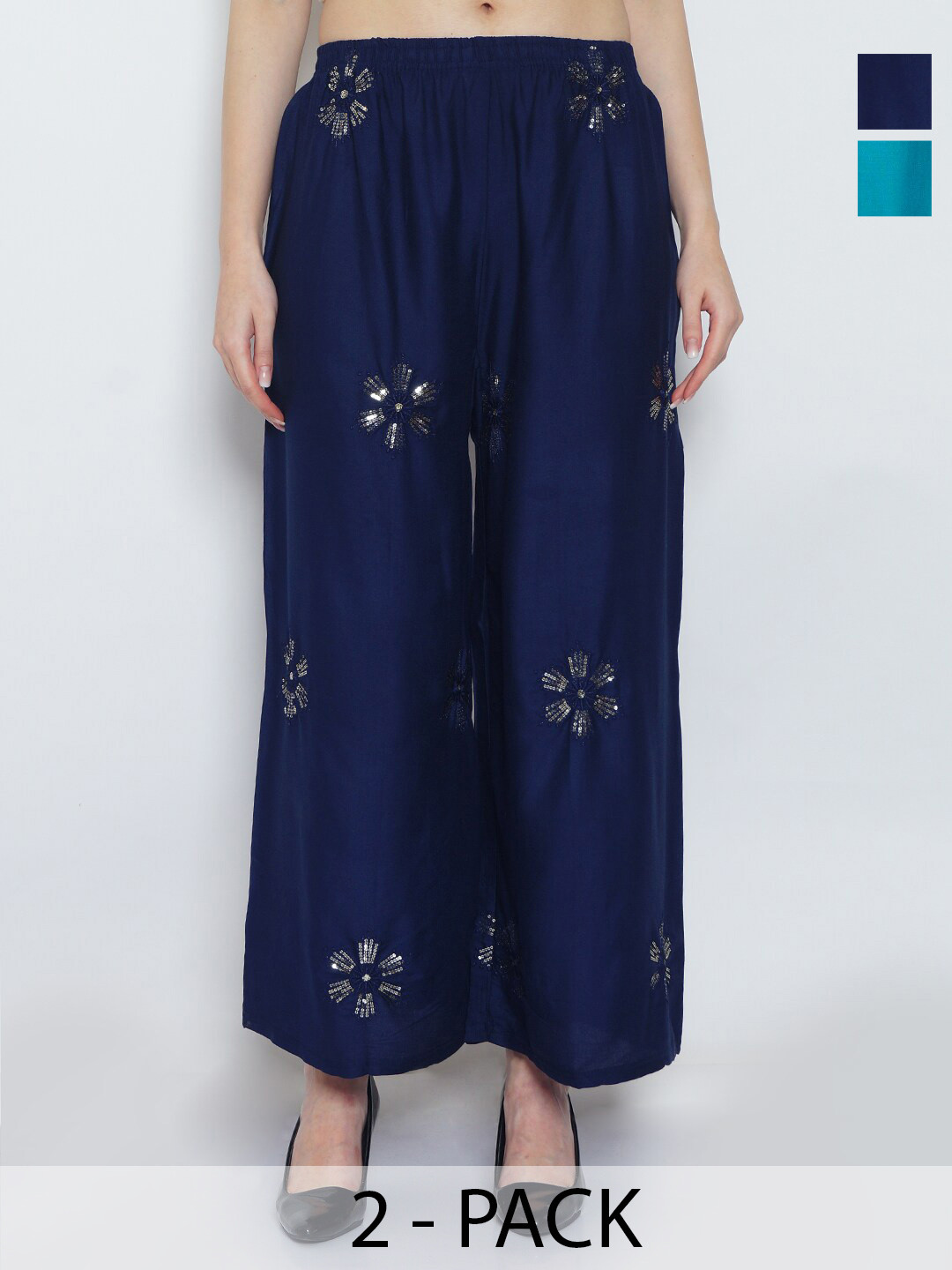 

Jinfo Pack of 2 Floral Embroidered Flared Ethnic Palazzos, Navy blue