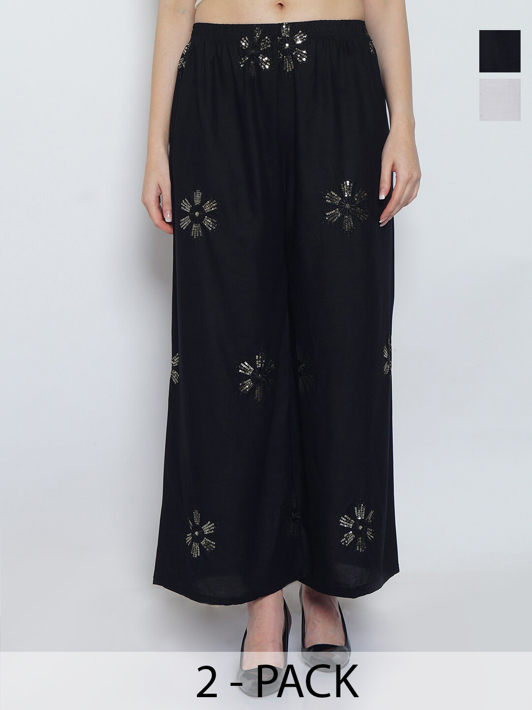 

Jinfo Women Pack of 2 Floral Embroidered Flared Knitted Palazzos, Black